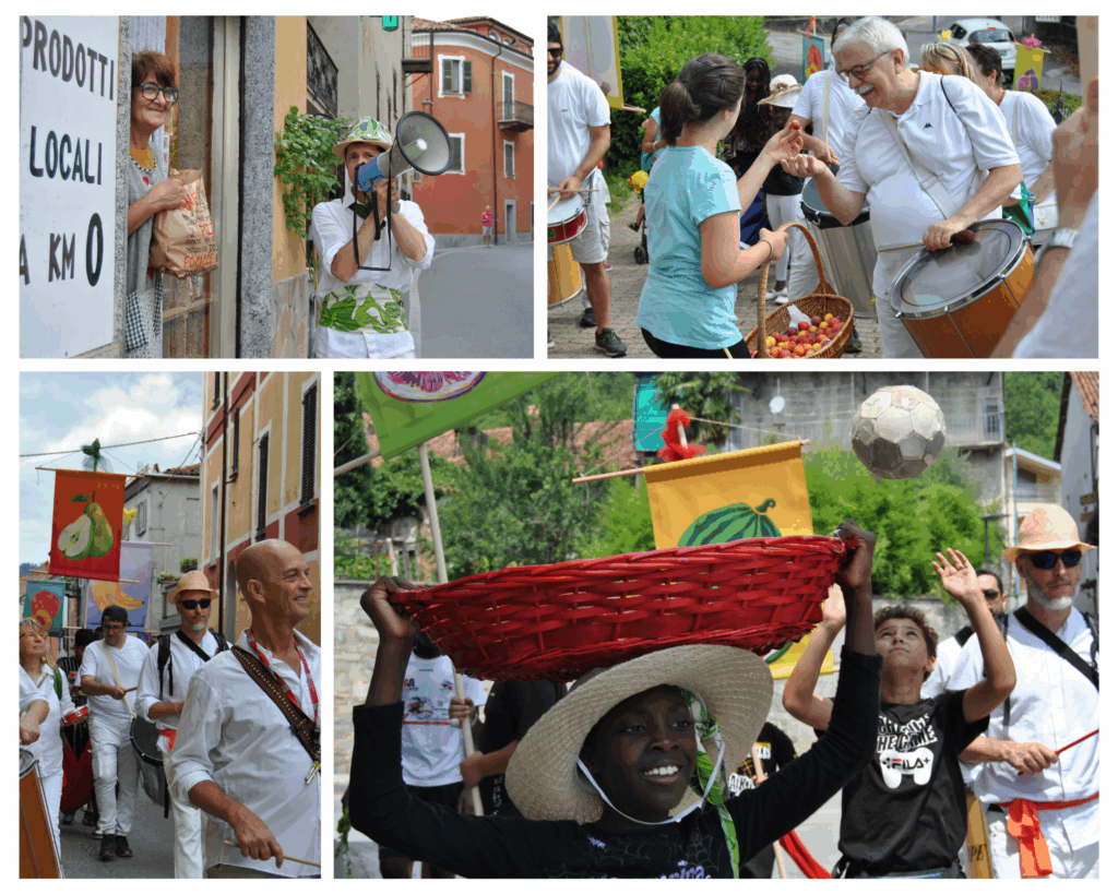 Collage parata della macedonia, donne, uomini e bambini in parata, coloratissimi, con cesti di frutta e stendardi colorati