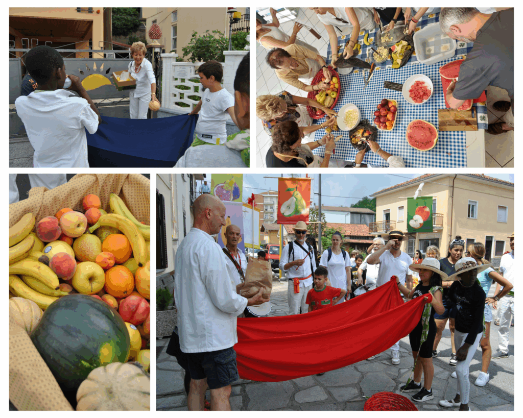 Collage di foto con frutta fresca e momenti del lancio della frutta dai balconi