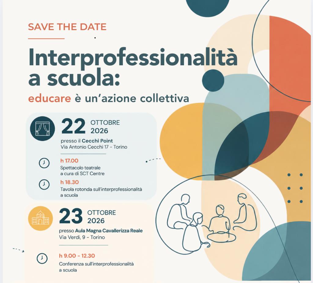 Locandina dell’evento “Interprofessionalità a scuola: educare è un’azione collettiva”, in programma il 22 e 23 ottobre 2026 a Torino.