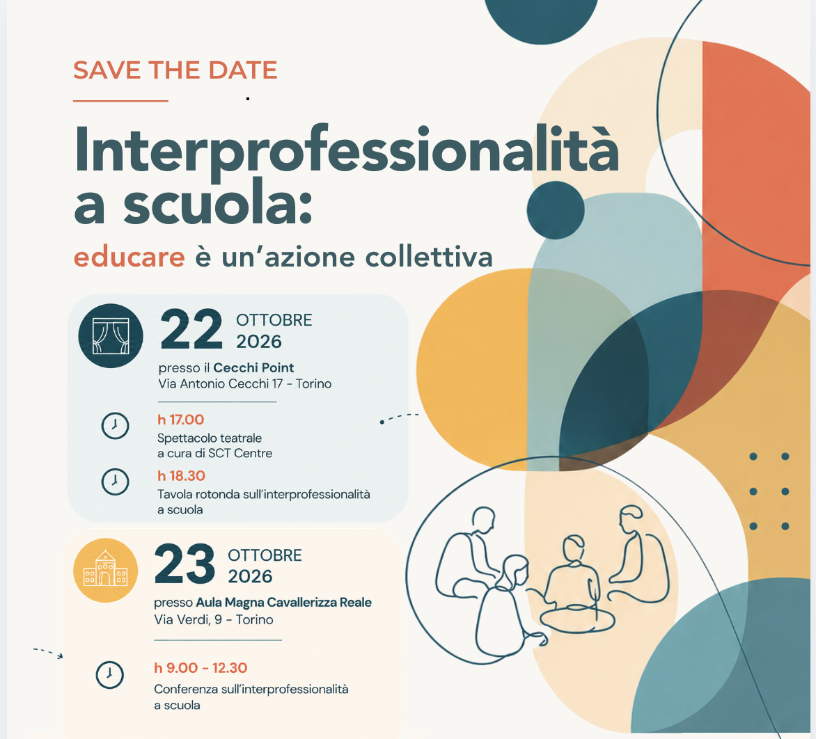 Locandina dell’evento “Interprofessionalità a scuola: educare è un’azione collettiva”, in programma il 22 e 23 ottobre 2026 a Torino.